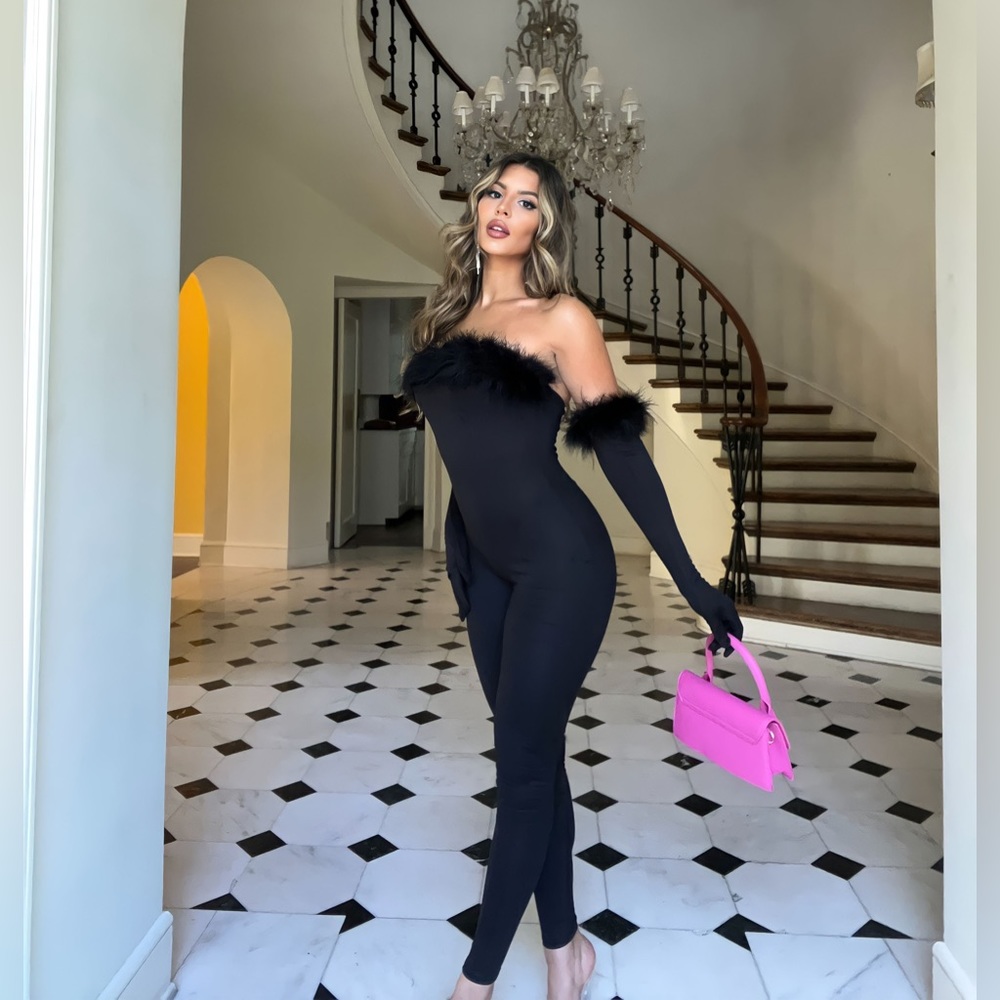 Black Feather Jumpsuit with gloves
